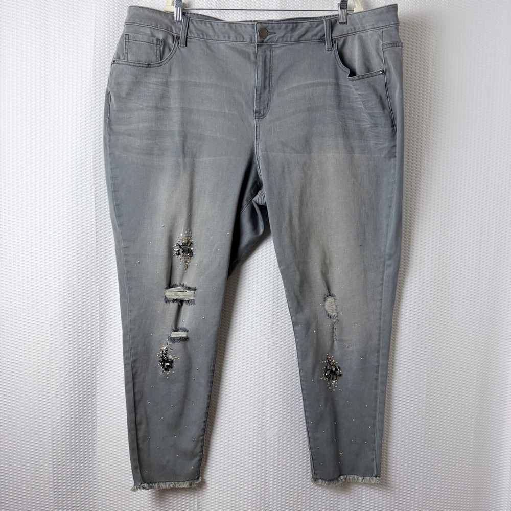 Lane‎ Bryant Skinny Jeans Womens 28 Gray Distressed Embellished Mid-Rise Stretch